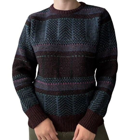 Vintage Unisex Rainbow 100% Wool Geometric Oversized Stripe Grandpa Sweater Sz S - Picture 1 of 6